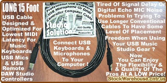 LONG 15 Foot MIDI Keyboard, USB Microphone Or USB D.A.W. Controller Cable!