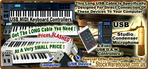 Enjoy A Super Latency USB Connection With These Long 10 Foot Or 15 Foot USB Cables For Your USB MIDI Keyboard Controller, USB Microphone Or USB DAW Controller!